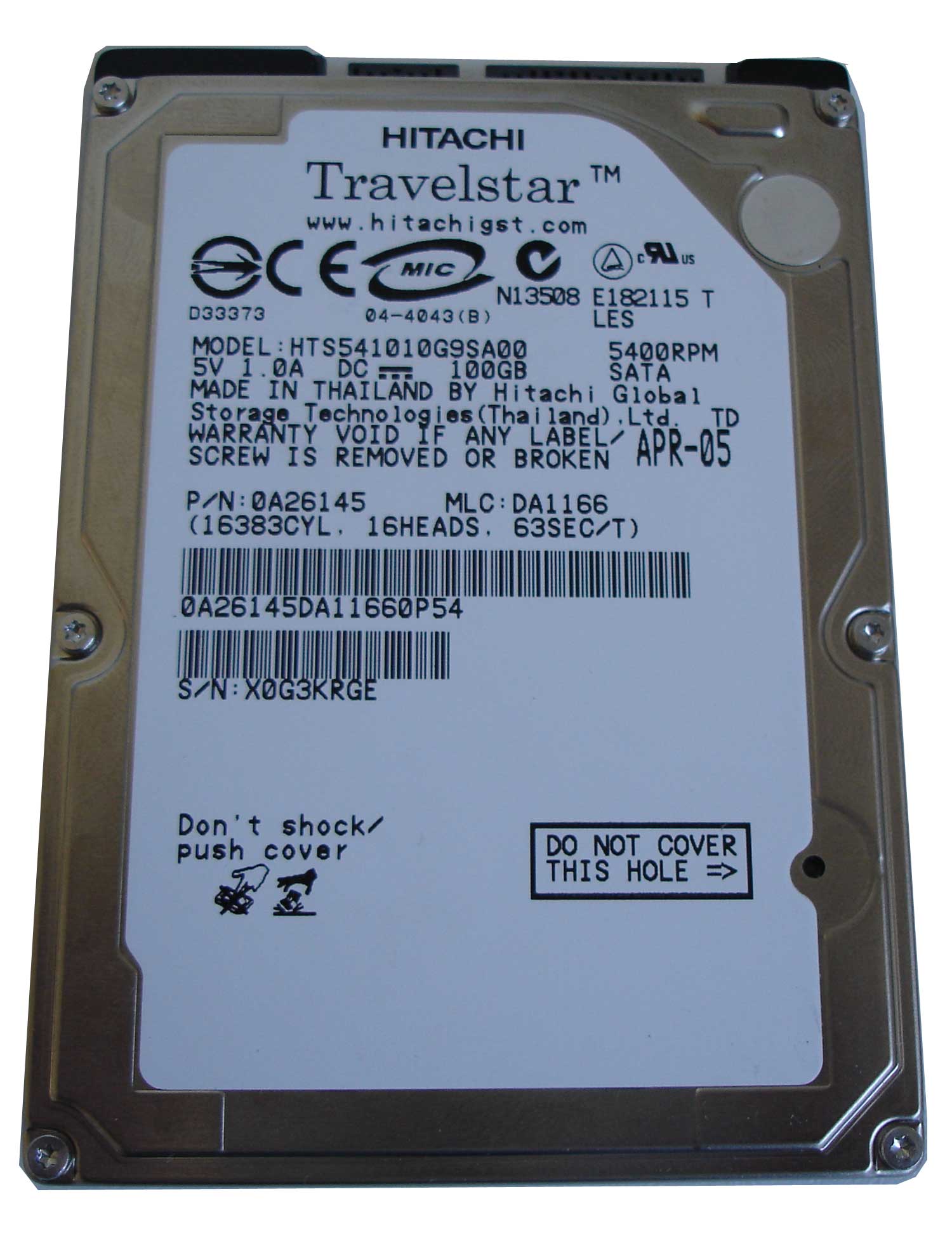 Hitach Travelstar Hard Drive 100GB 5400 RPM HTS541010G9SA00